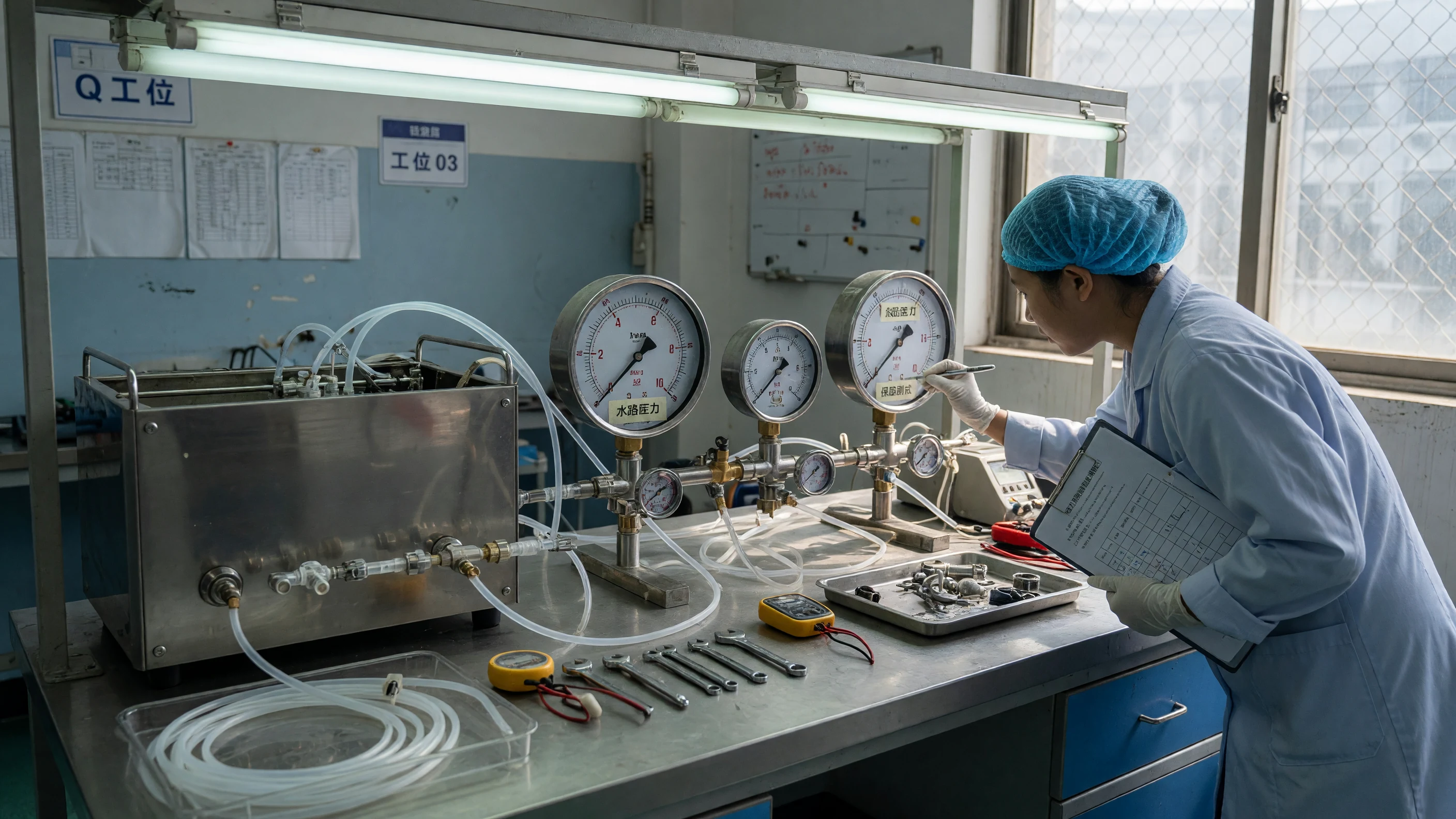 QC inspector running a closed-circuit pressure leak test on an espresso machine water path