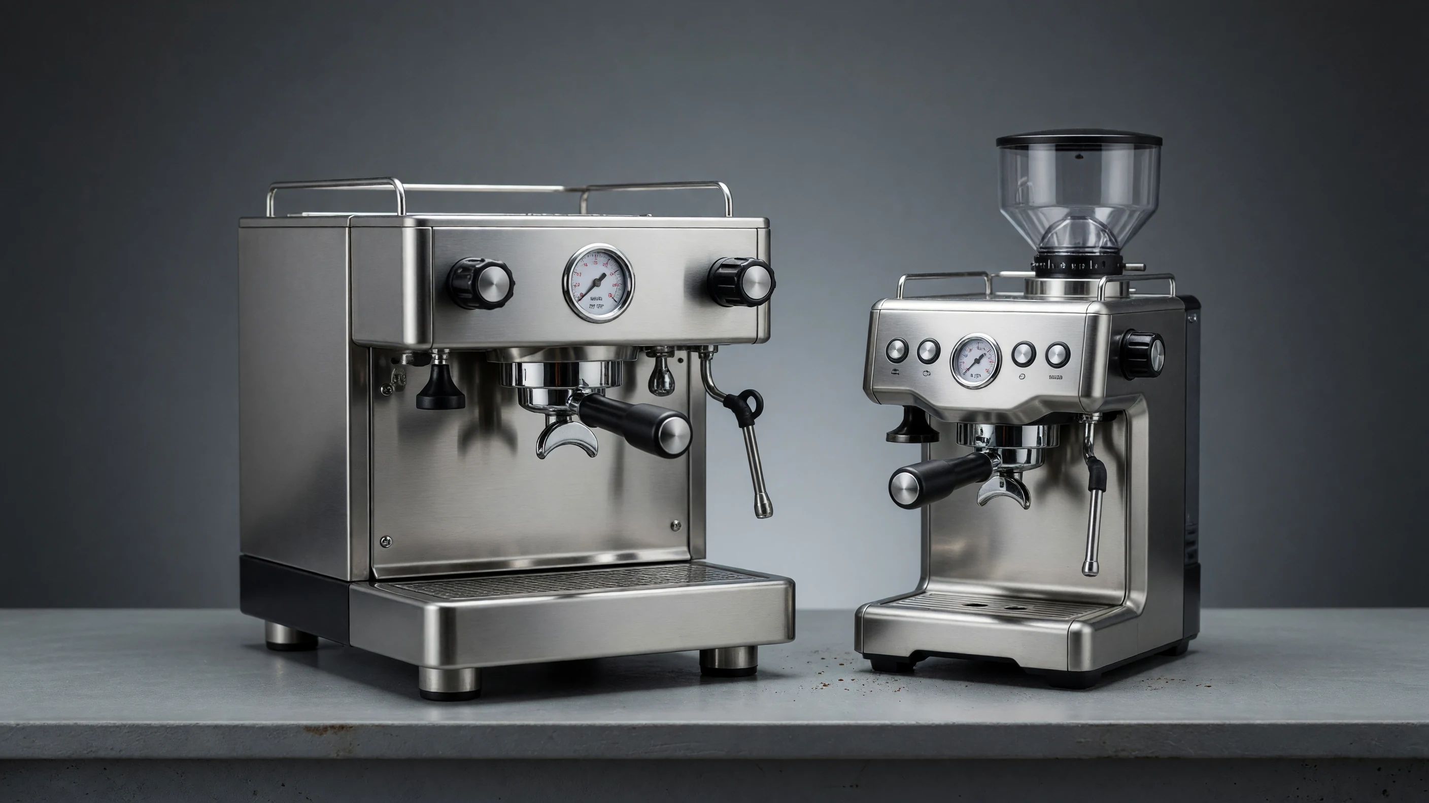 Private-label espresso machine line: a commercial 58mm unit beside a grinder-equipped semi-automatic machine