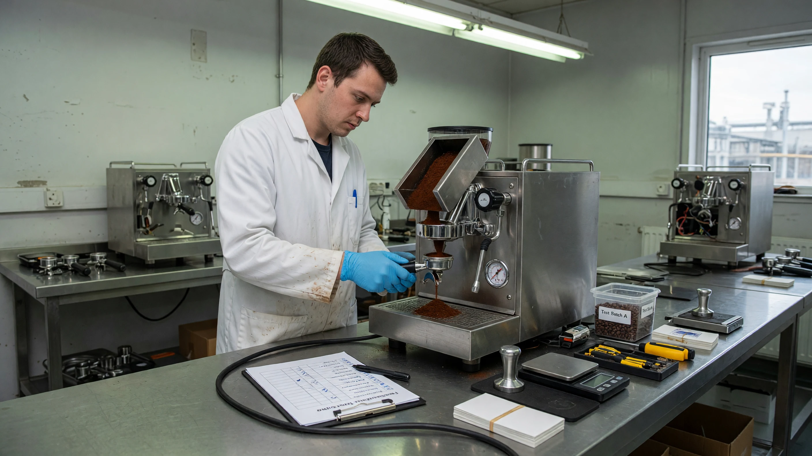 Factory QC bench running a grind-and-brew functional test on an espresso machine with grinder