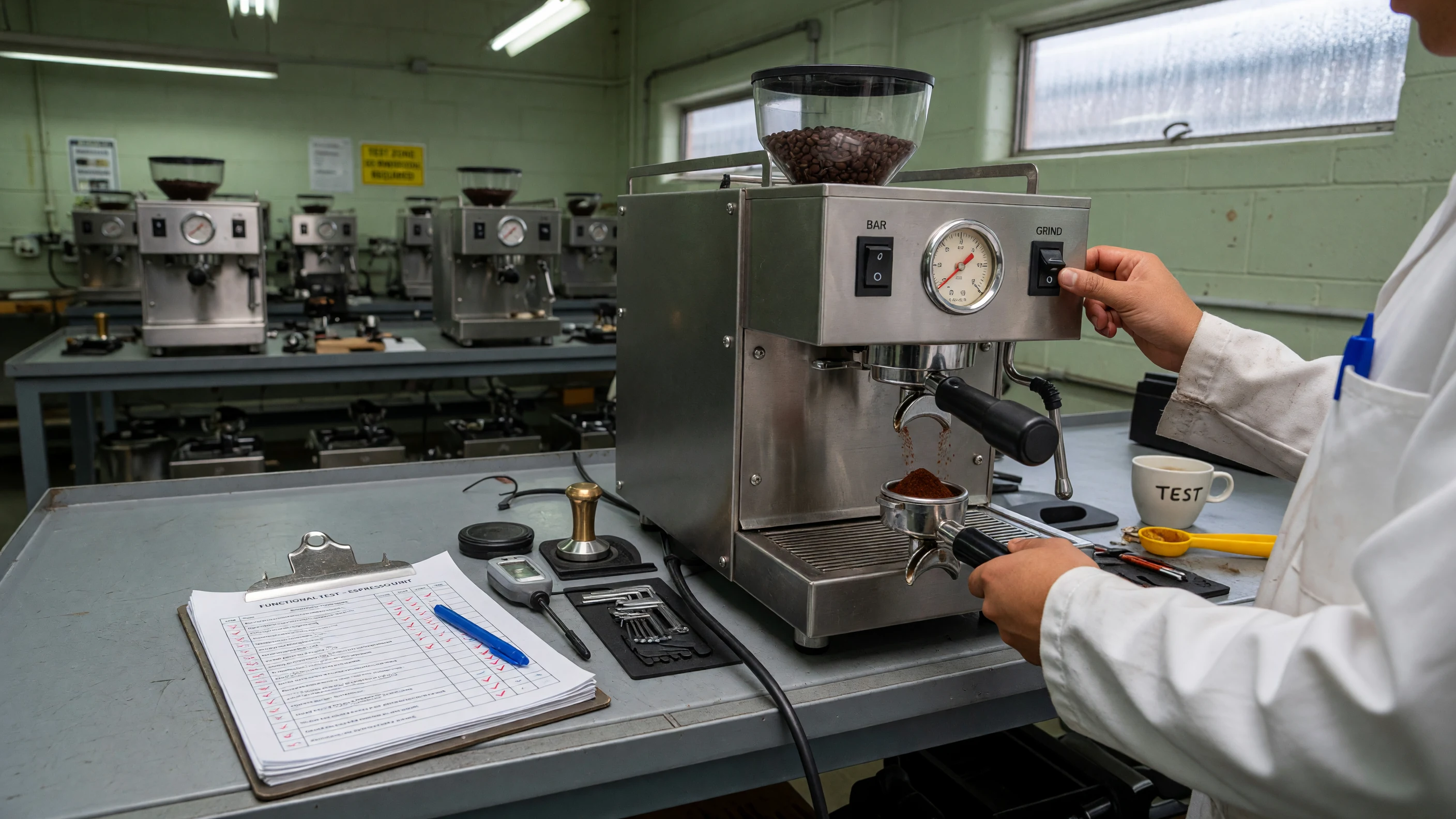 Grinder-equipped espresso machine serving a hotel breakfast coffee station