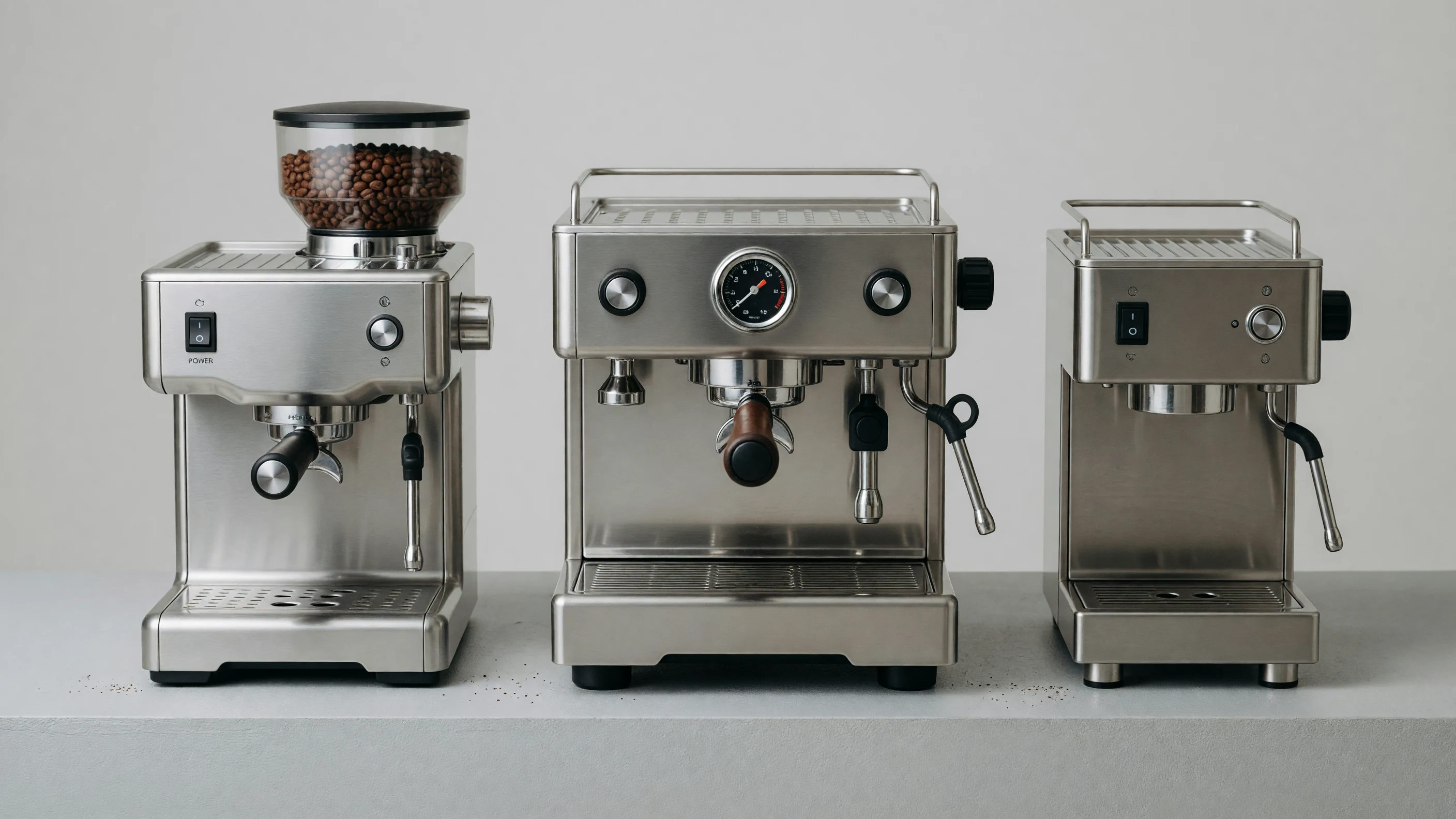 Grinder-equipped espresso machine line matched to different hospitality venues