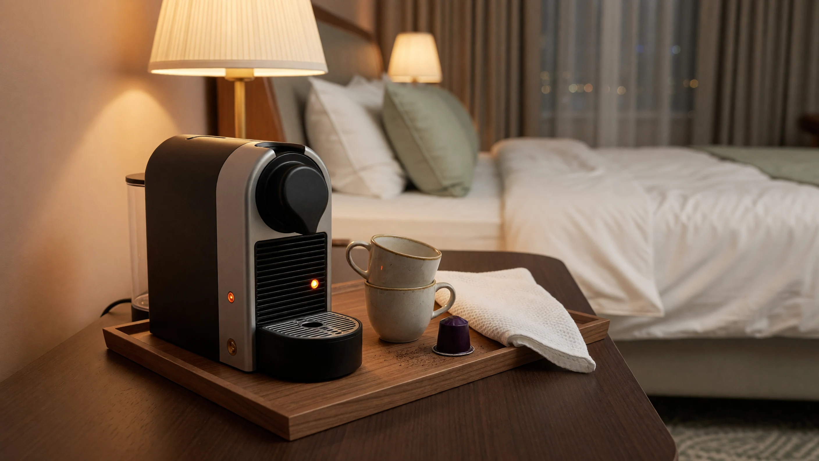 A compact capsule coffee machine on a hotel nightstand tray beside two cups, styled for an in-room hospitality setting