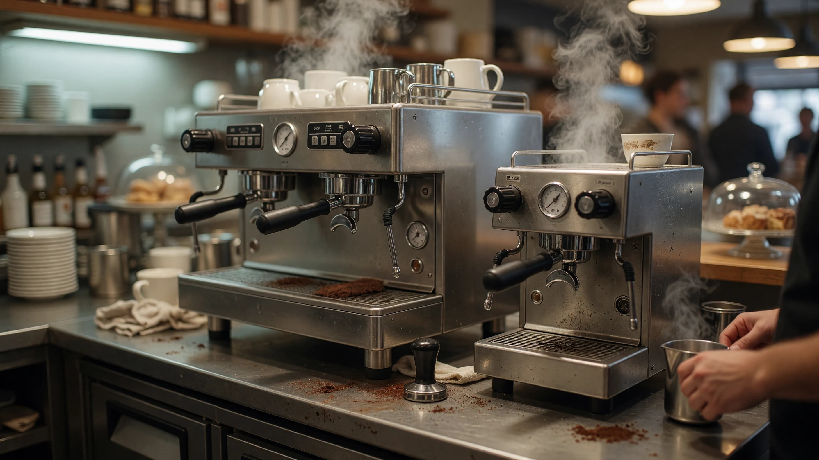 Two espresso machines of different sizes, one commercial and one compact, standing side by side on a café counter