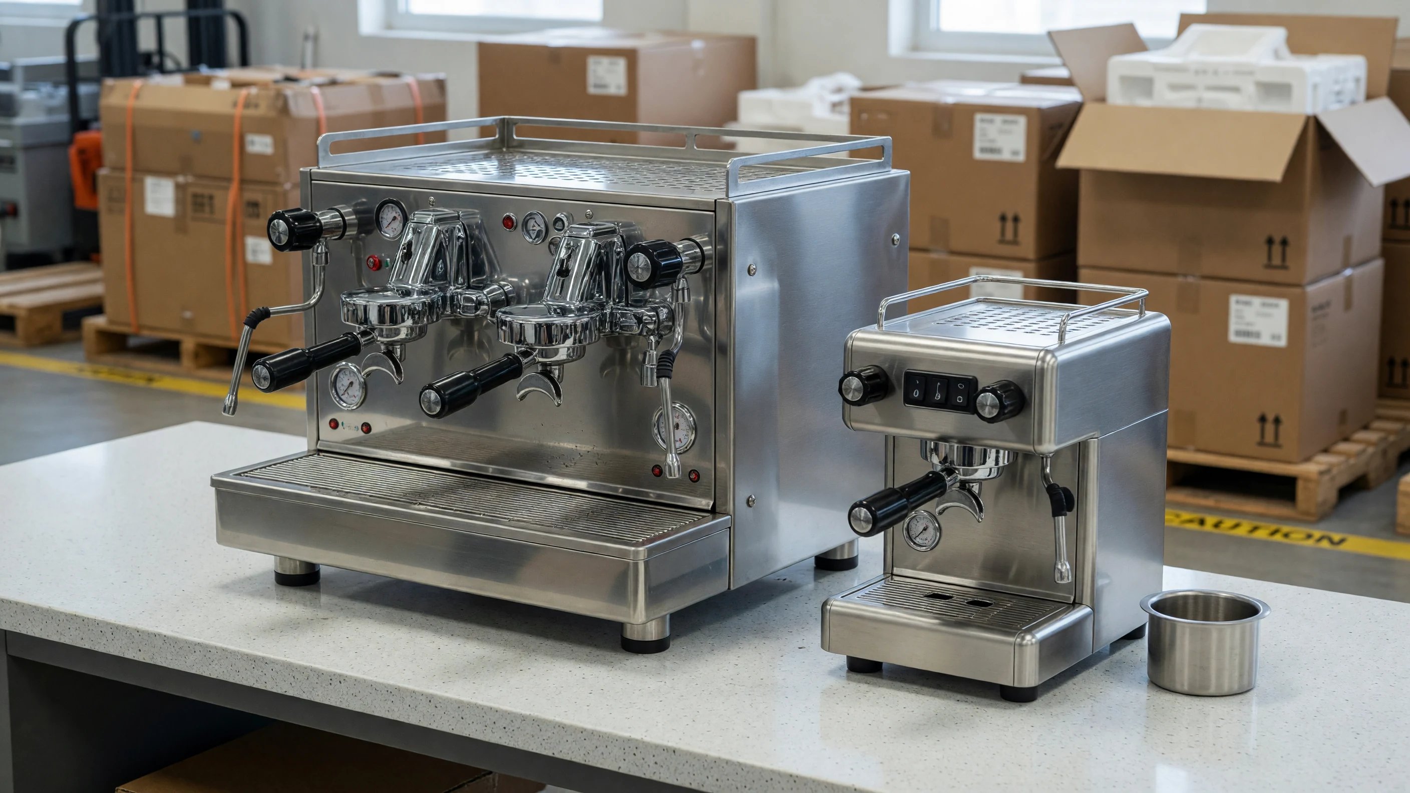 Two espresso machines of different sizes staged side by side on a counter with shipping cartons softly visible in the background