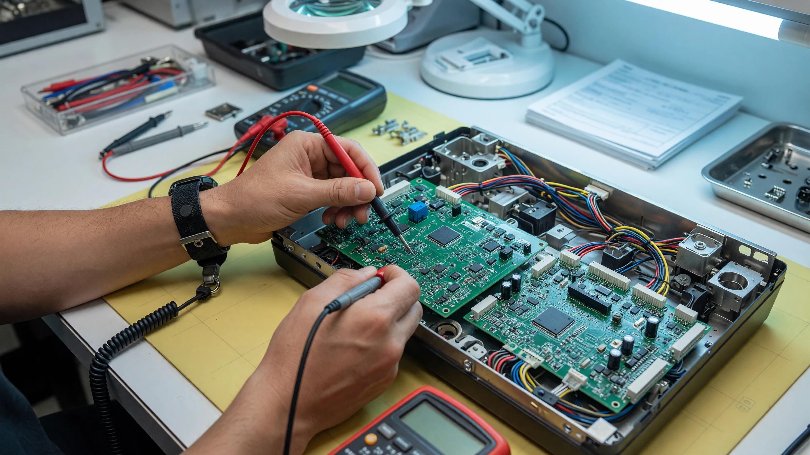 A quality-control technician inspecting the open internal circuit board and wiring of an espresso machine at a factory test bench