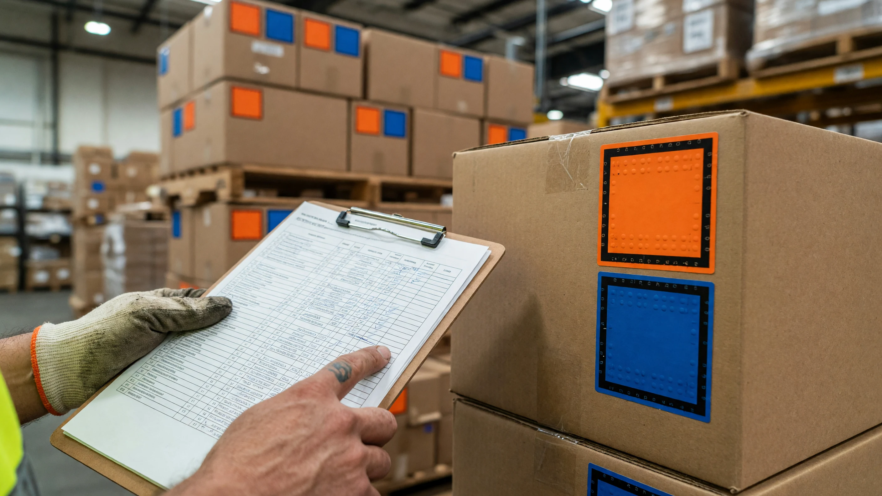 A warehouse worker checking a printed loading manifest against color-coded corner labels on shipping cartons stacked on pallets