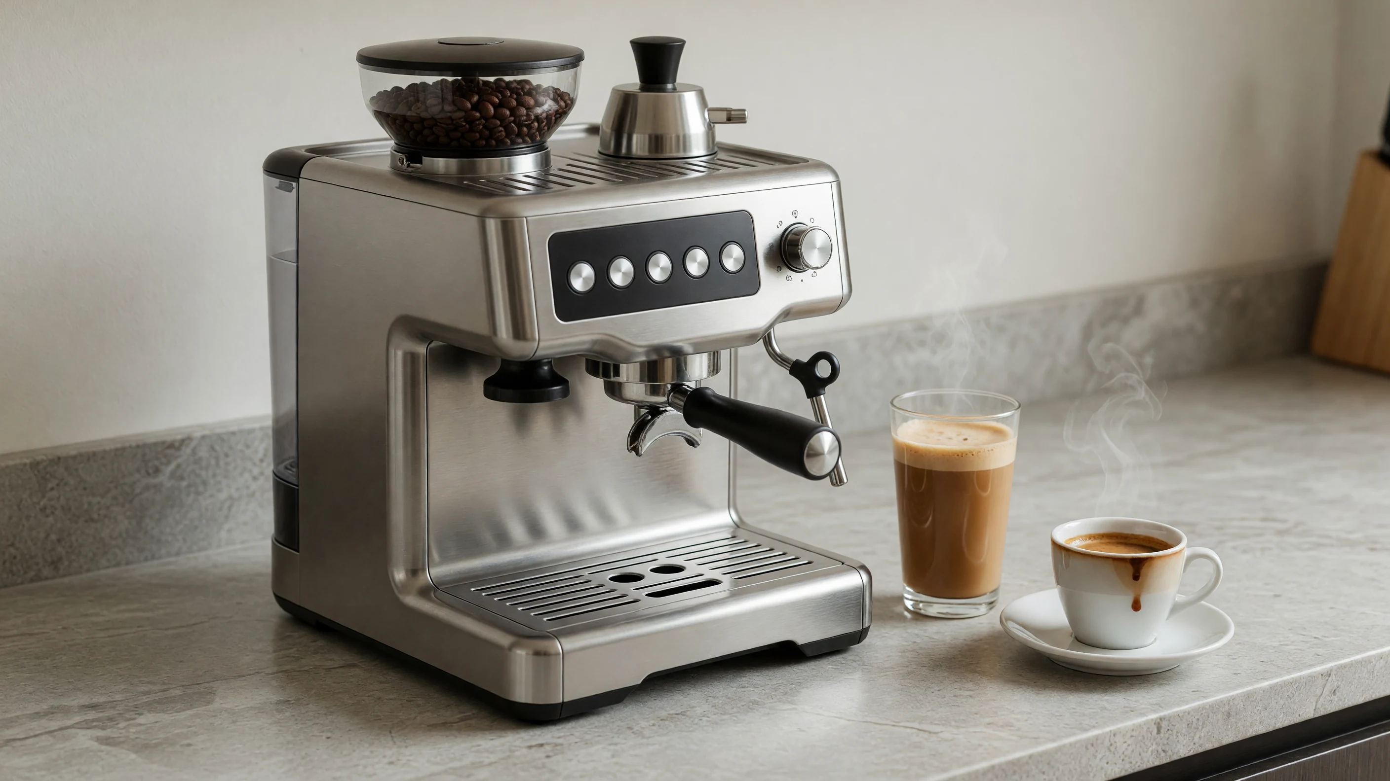 An unbranded stainless espresso machine with a built-in grinder beside a tall coffee cup and a small espresso cup