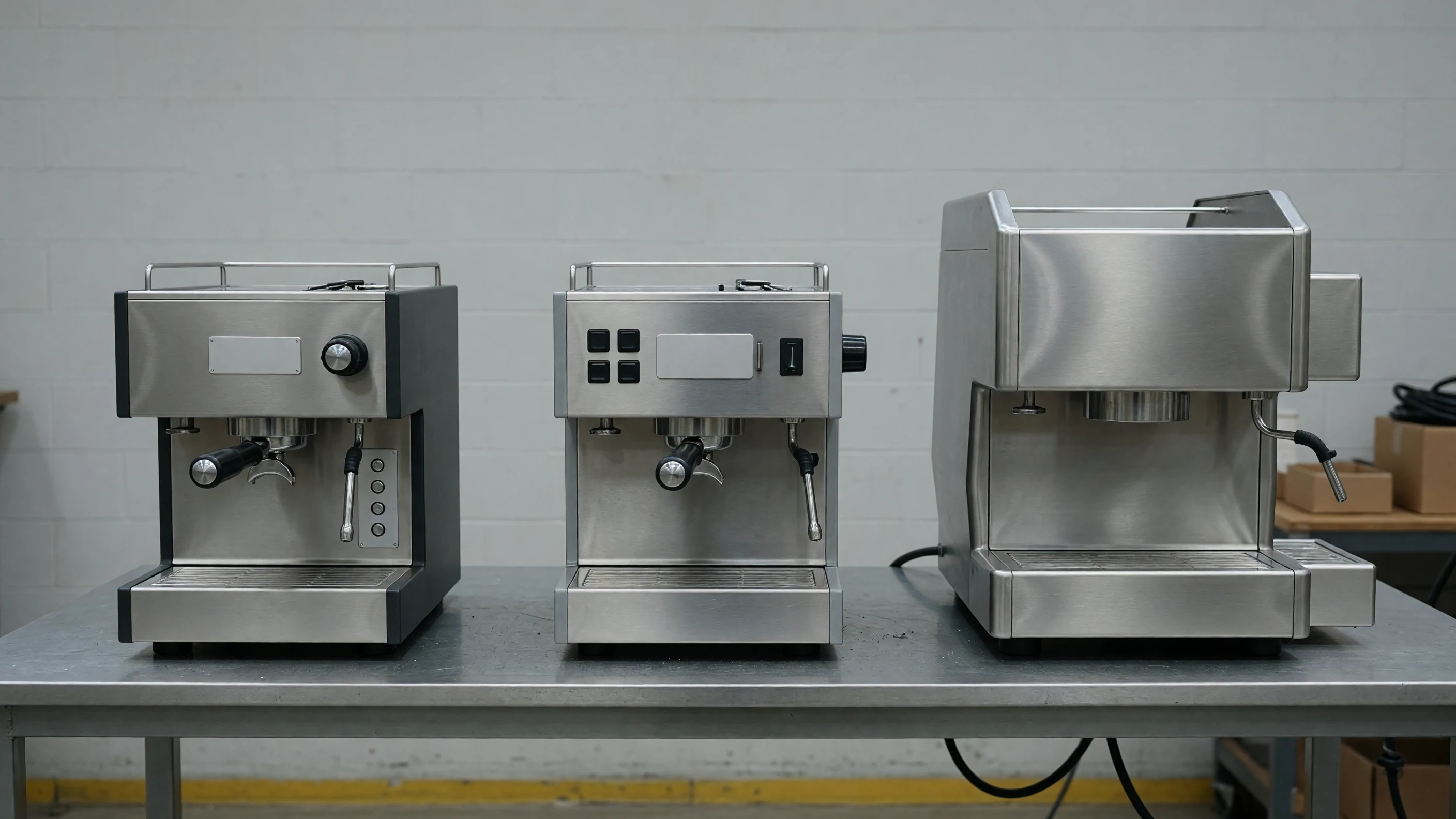 Three unbranded espresso machines on a factory bench: a colored side panel, a different control panel, and a larger housing
