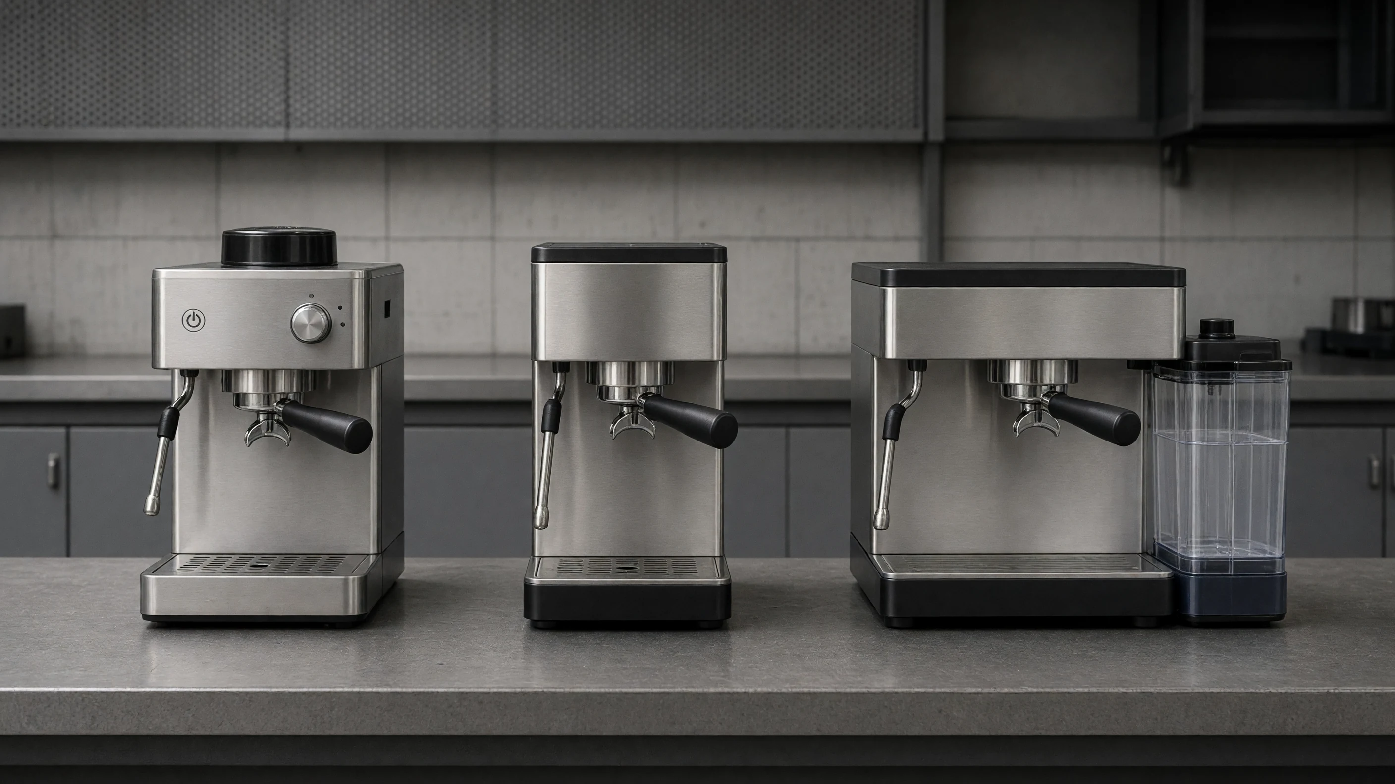 Three unbranded espresso machines showing compact, slim, and wide milk-tank bodies