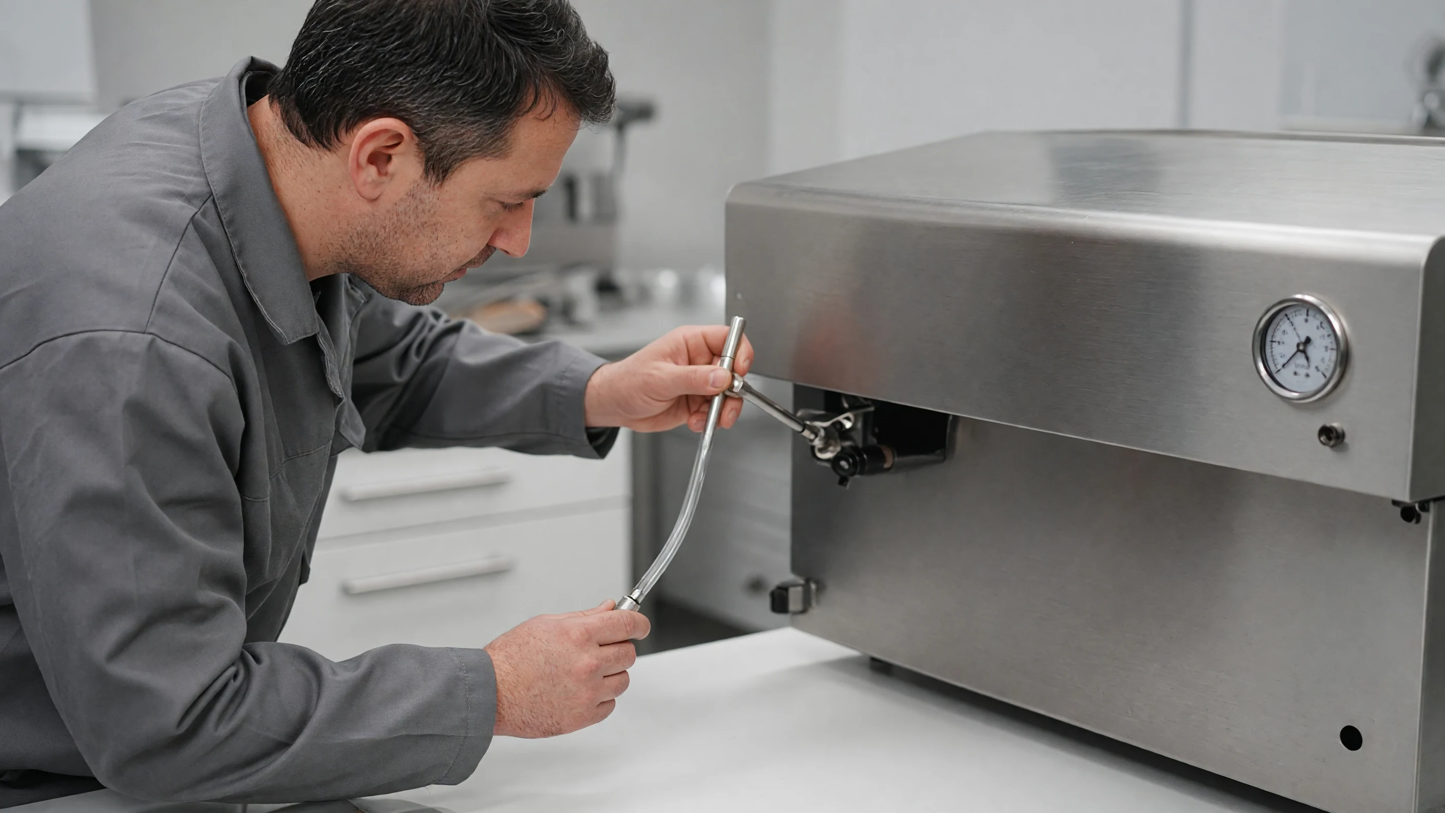 Technician inspecting the steam wand on an unbranded stainless espresso machine