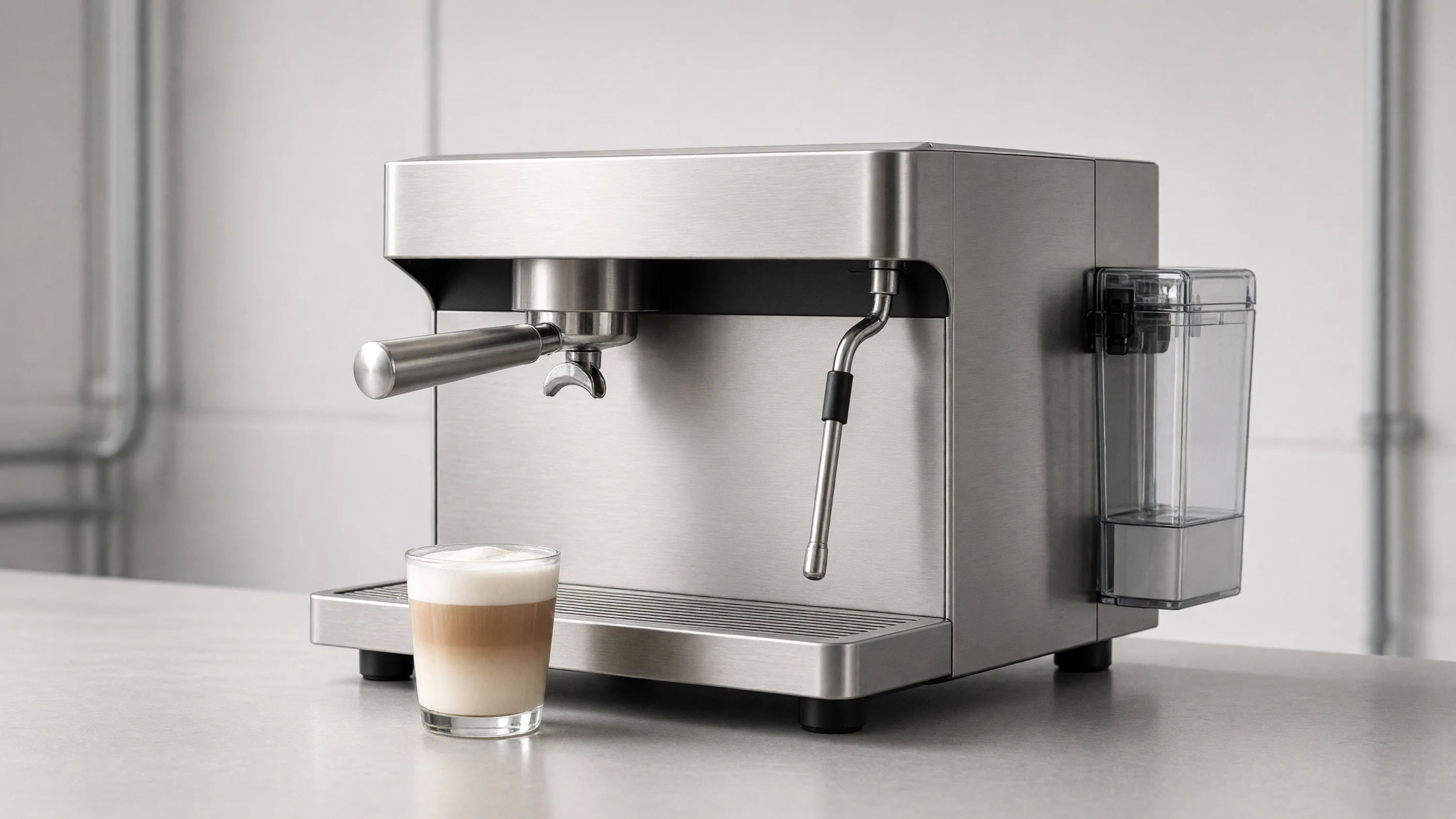 Wide unbranded stainless espresso machine with a clip-on milk tank and a layered latte