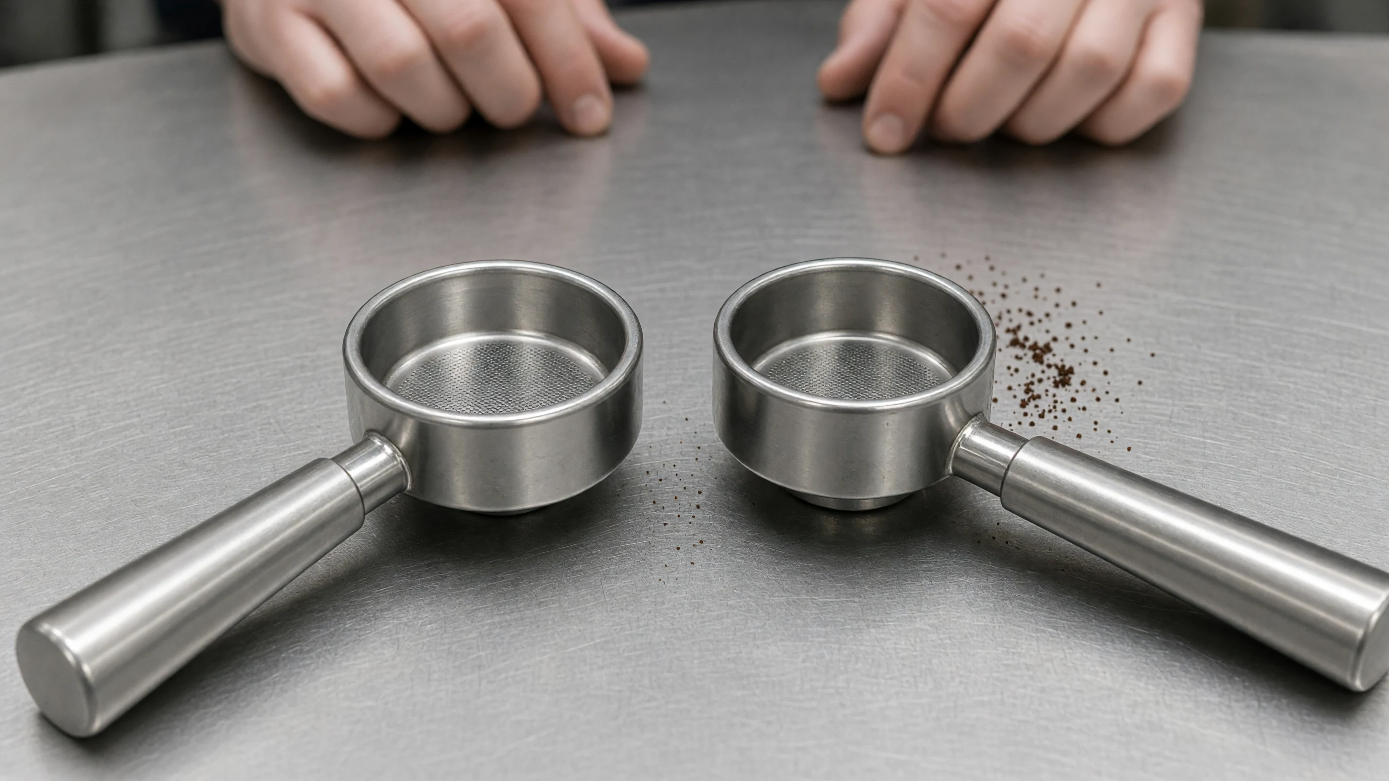 Two unbranded portafilters on a stainless inspection bench, with loose coffee grounds beside one basket