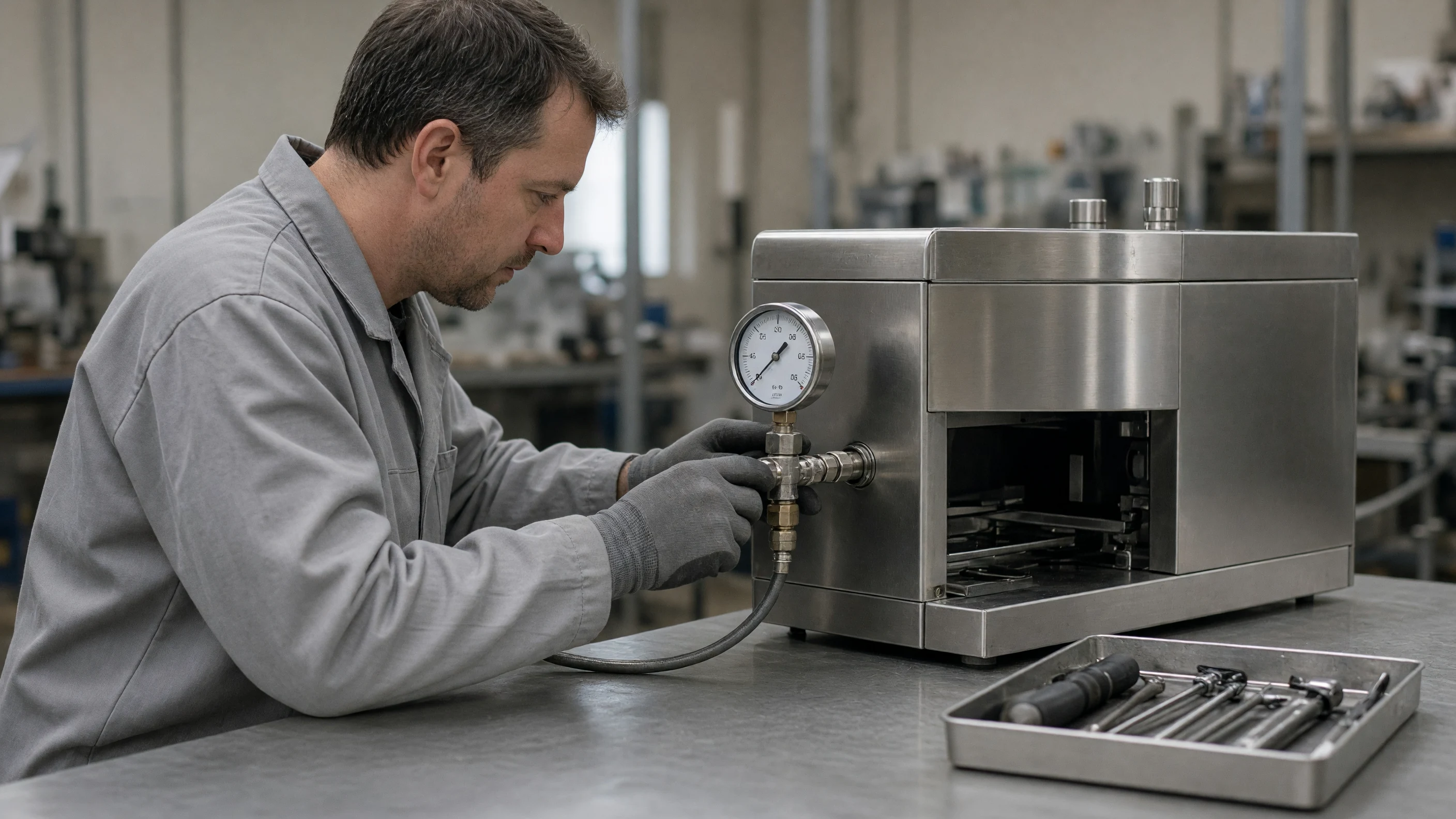A factory inspector pressure-tests an unbranded stainless espresso machine on a bench