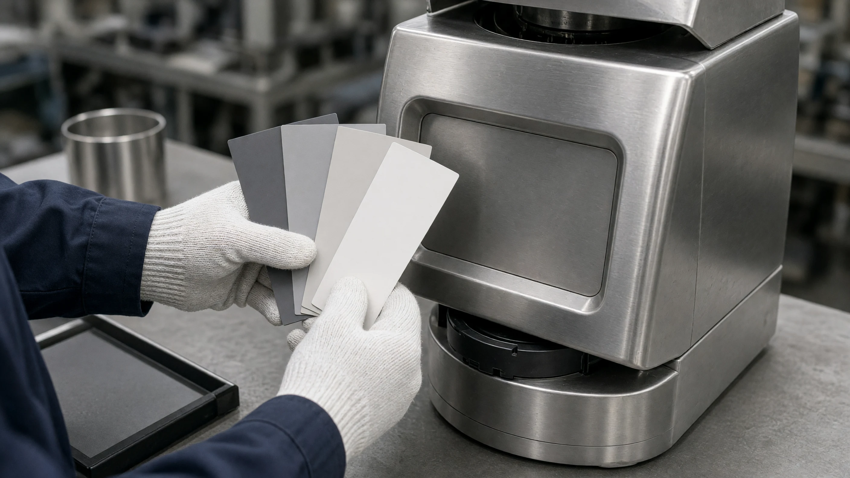 An engineer holds blank color chips beside the nameplate area of an unbranded stainless coffee grinder