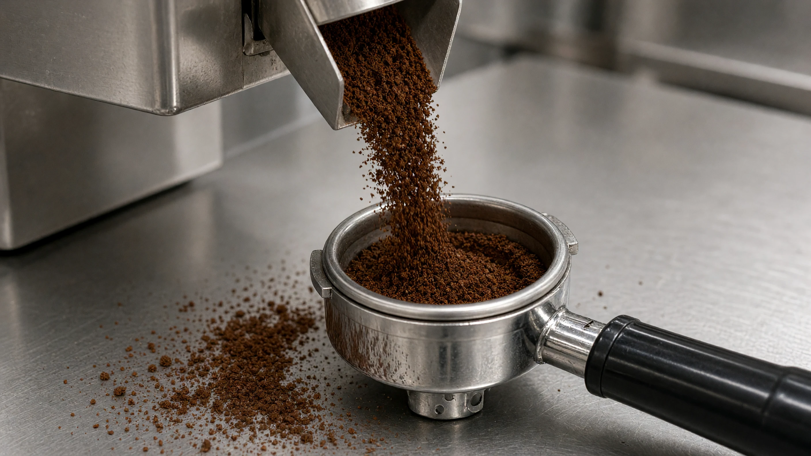 Coffee grounds falling from a stainless grinder into a portafilter, with a small scatter of grounds on the bench
