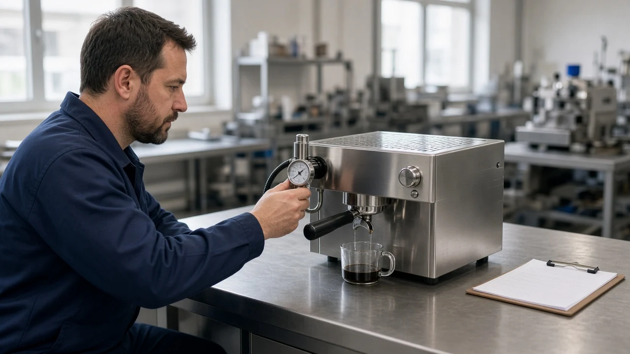 Factory inspector checking an espresso machine's pressure with a gauge