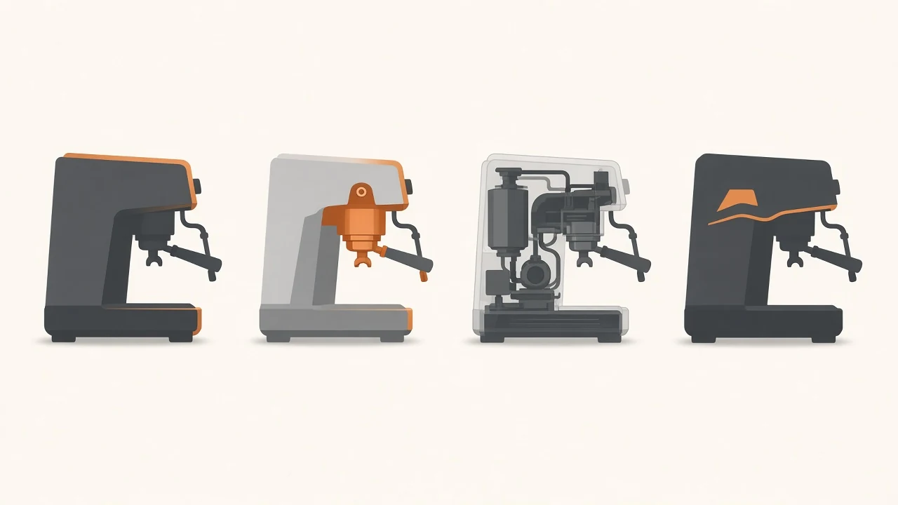 Four espresso machine designs, each showing a different layer of ownership
