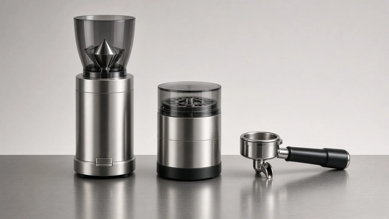 Conical and flat burr stainless grinders beside a 58 mm portafilter on a commercial counter