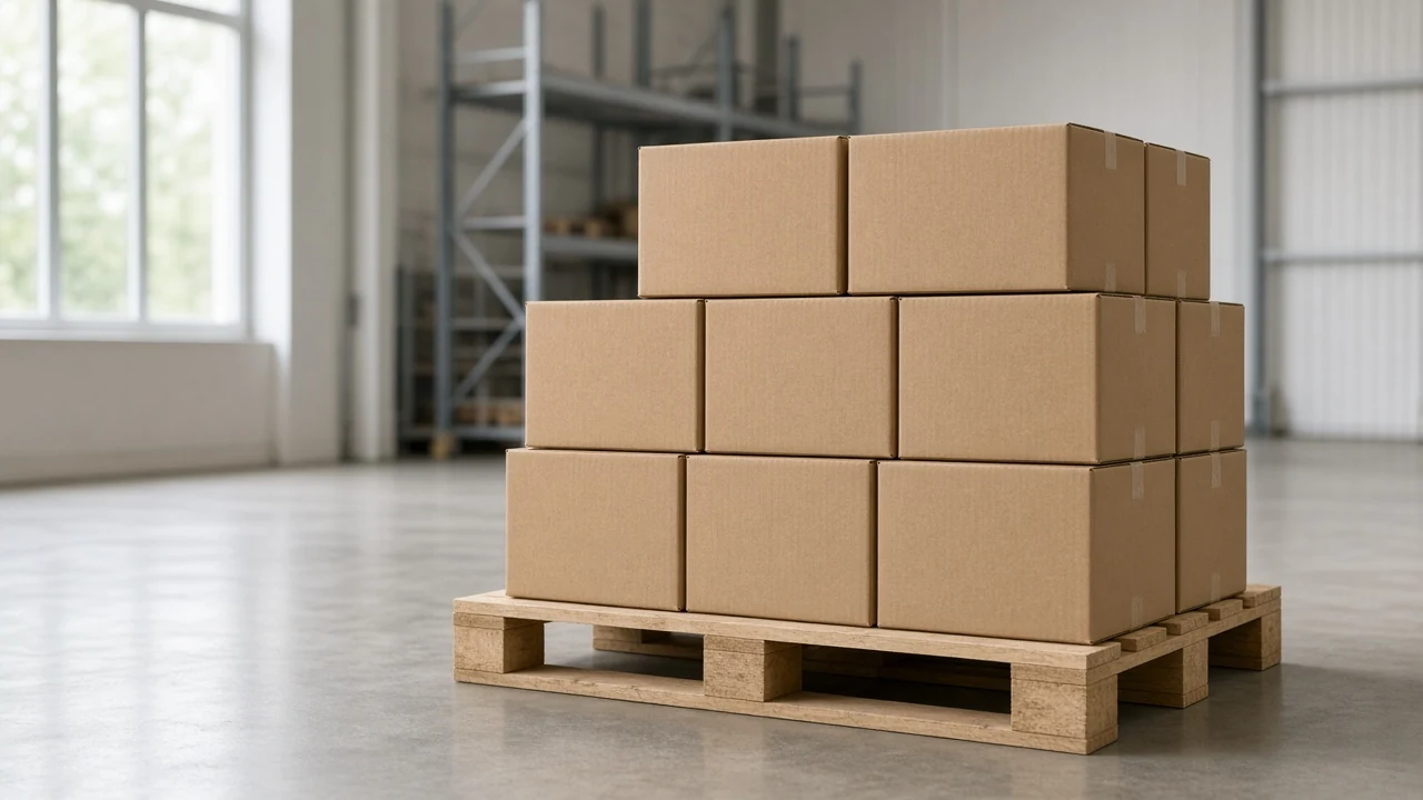 Stacked cardboard shipping cartons on a wooden pallet in a clean warehouse