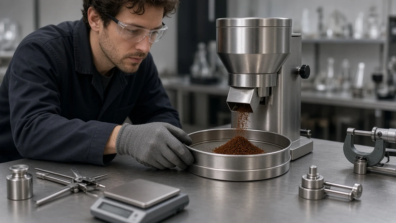Technician at a quality control bench watching a grinder dose coffee into a sieve tray