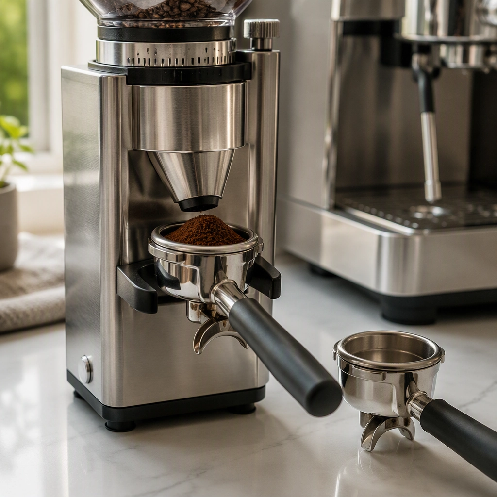 Checking 51 mm and 58 mm portafilter clearance under a burr grinder for espresso.