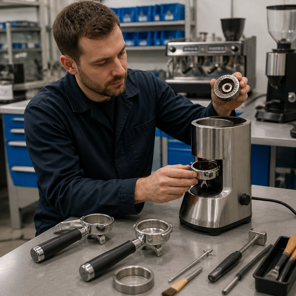 Technician inspecting an espresso burr grinder’s removable burr and portafilter holder in a coffee-equipment test laboratory.