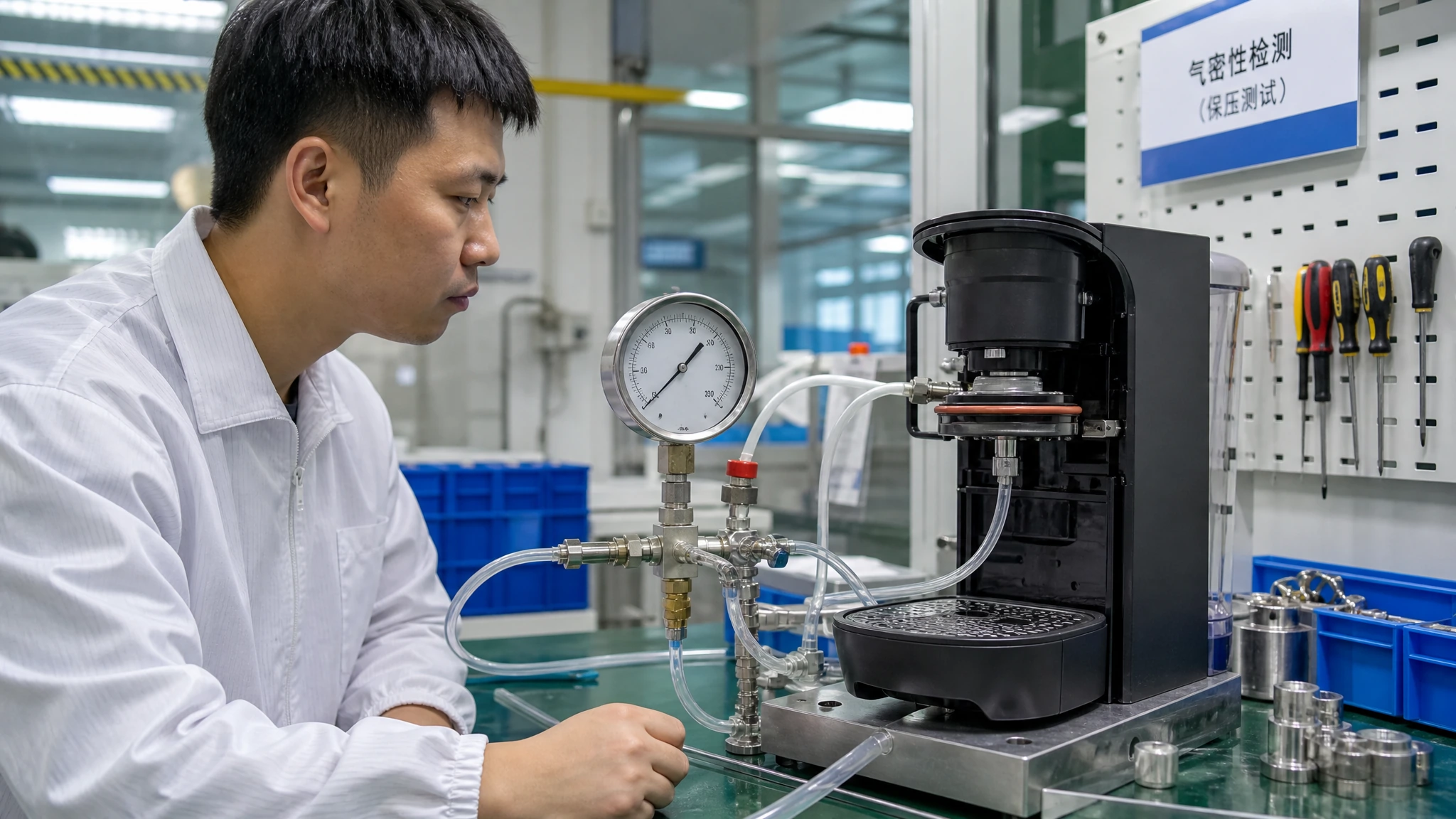 Quality inspector running a closed-circuit leak test on a capsule coffee machine brew head