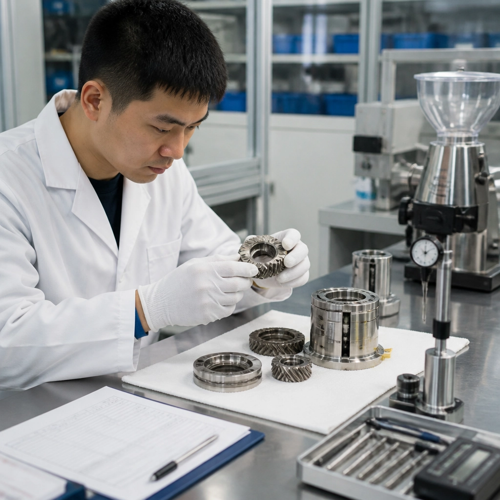 Quality control inspector performing final FQC inspection on coffee grinders before shipment
