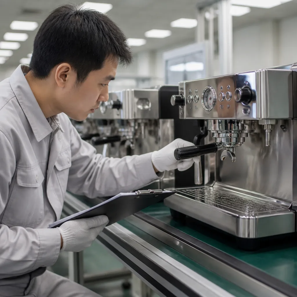 Quality control inspector examining a stainless-steel espresso machine at an inspection station on a factory QC line