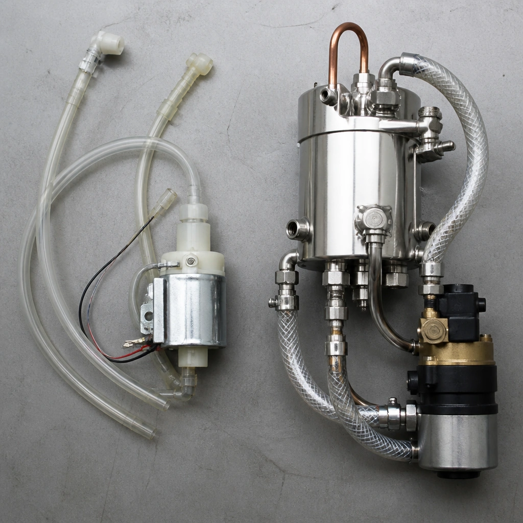 Side-by-side comparison of a basic plastic pump assembly and a premium stainless-steel boiler and pump unit used in espresso machines made in China