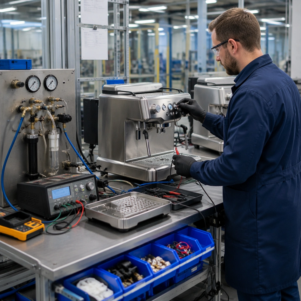 Coffee machine supplier quality engineer checking an espresso machine at a factory test station