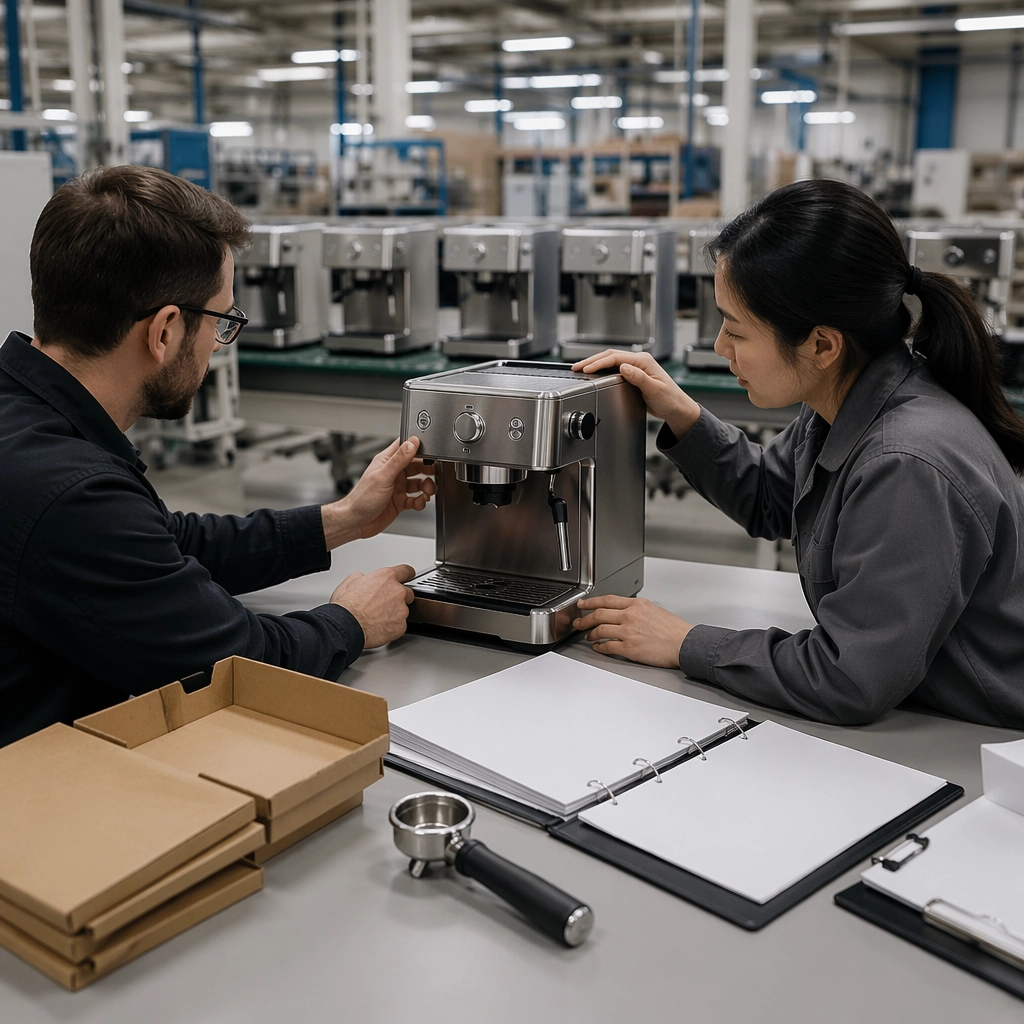 Buyer and coffee machine supplier engineer reviewing an approved sample before mass production