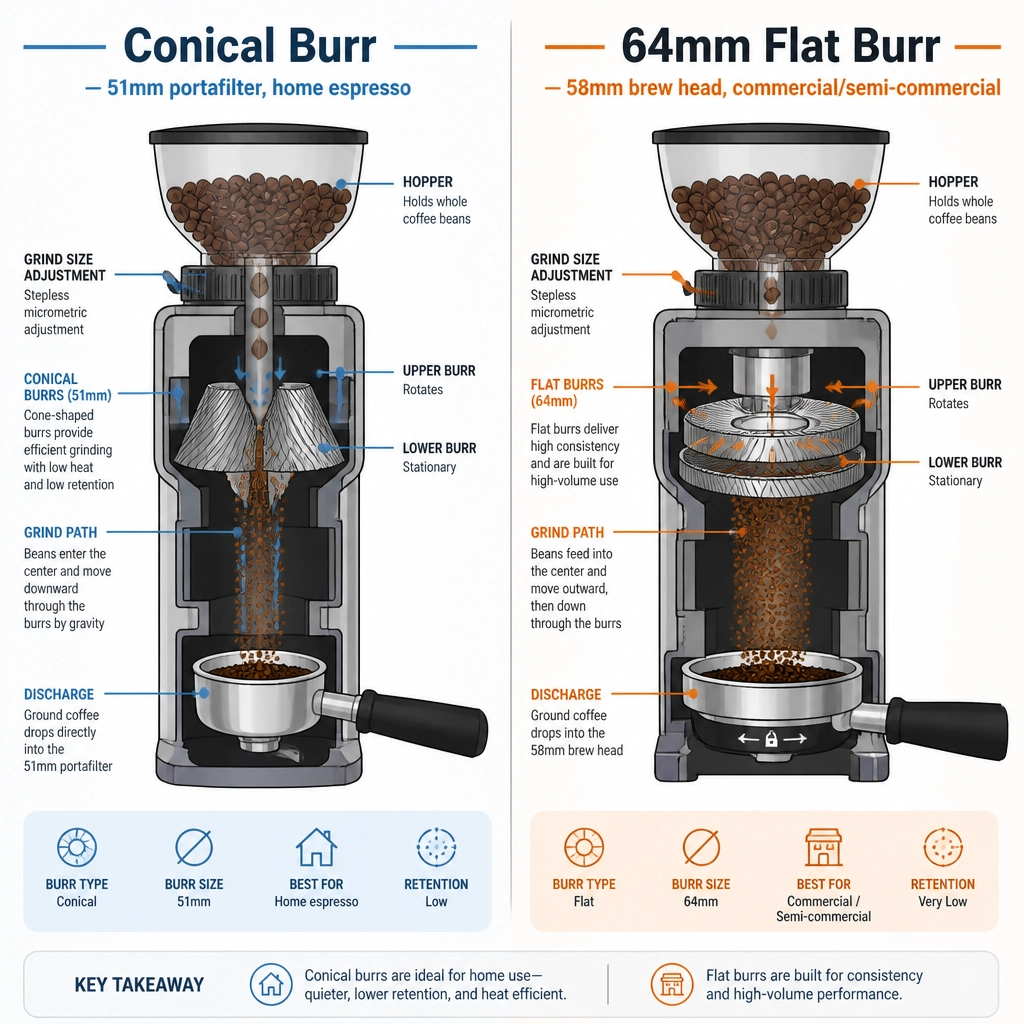 Side-by-side comparison of conical burr and 64mm flat burr coffee grinder mechanisms