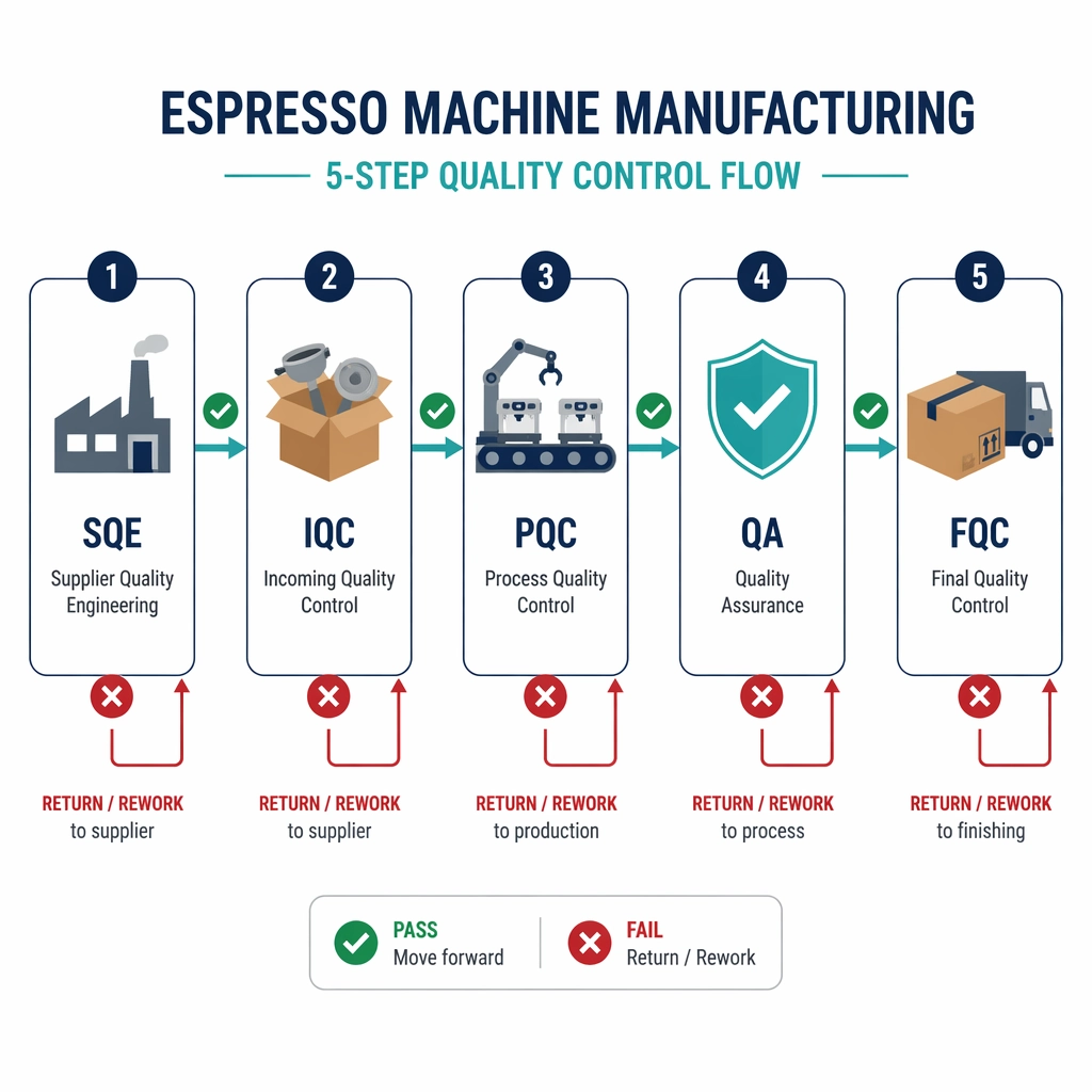 Flowchart of the 5 quality gates SQE, IQC, PQC, QA, FQC for custom espresso machine manufacturing