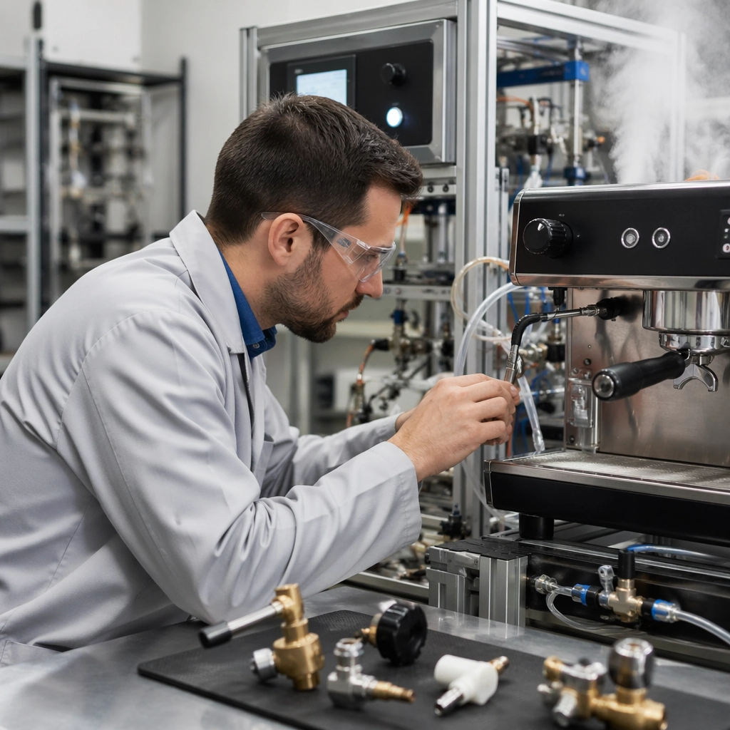 Quality engineer inspecting a steam valve on an espresso machine during a cup-cycle life test