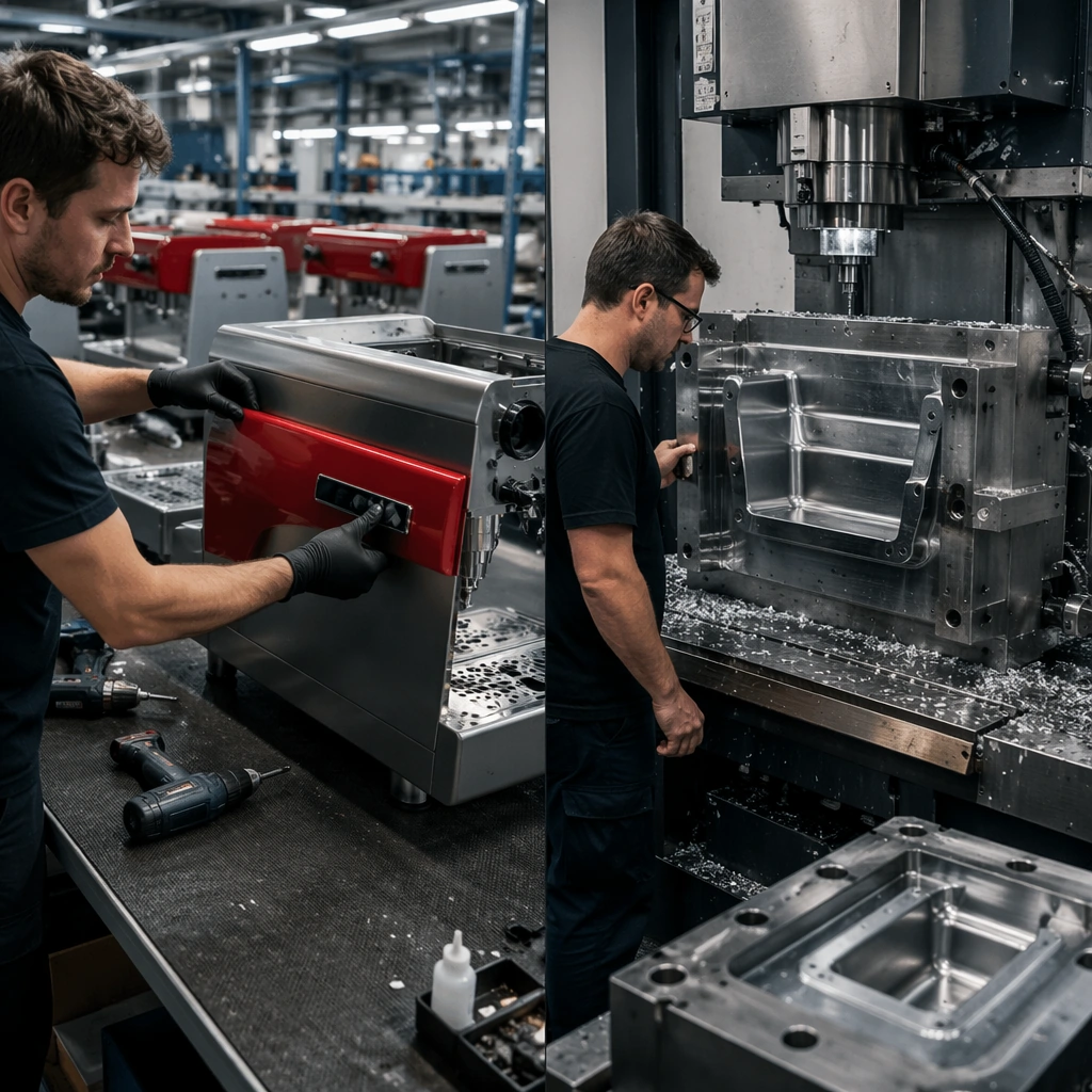Comparison of a one-week non-mold sample timeline versus a one-month mold development timeline for a custom espresso machine