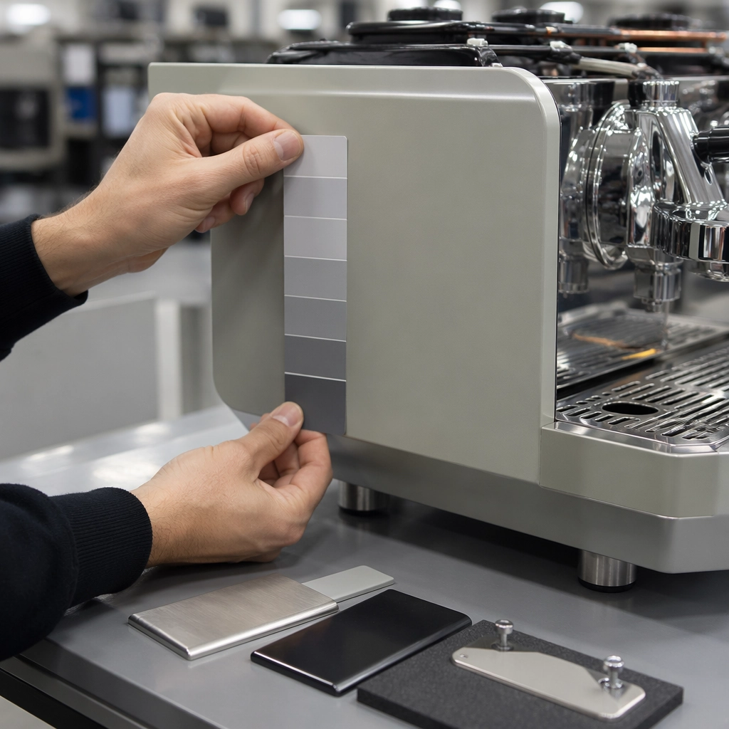 Technician matching a Pantone color swatch against a custom espresso machine sample housing