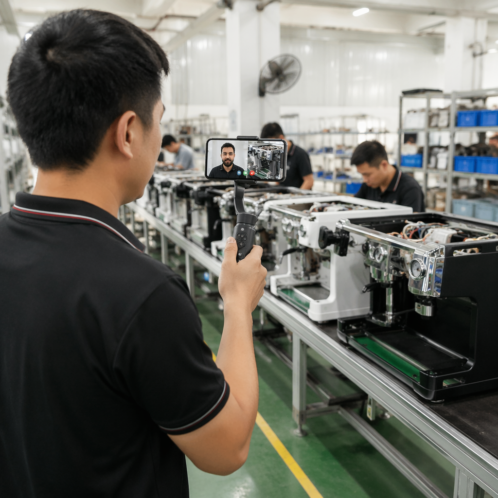 Live video call factory tour showing espresso machine production line to a potential overseas buyer