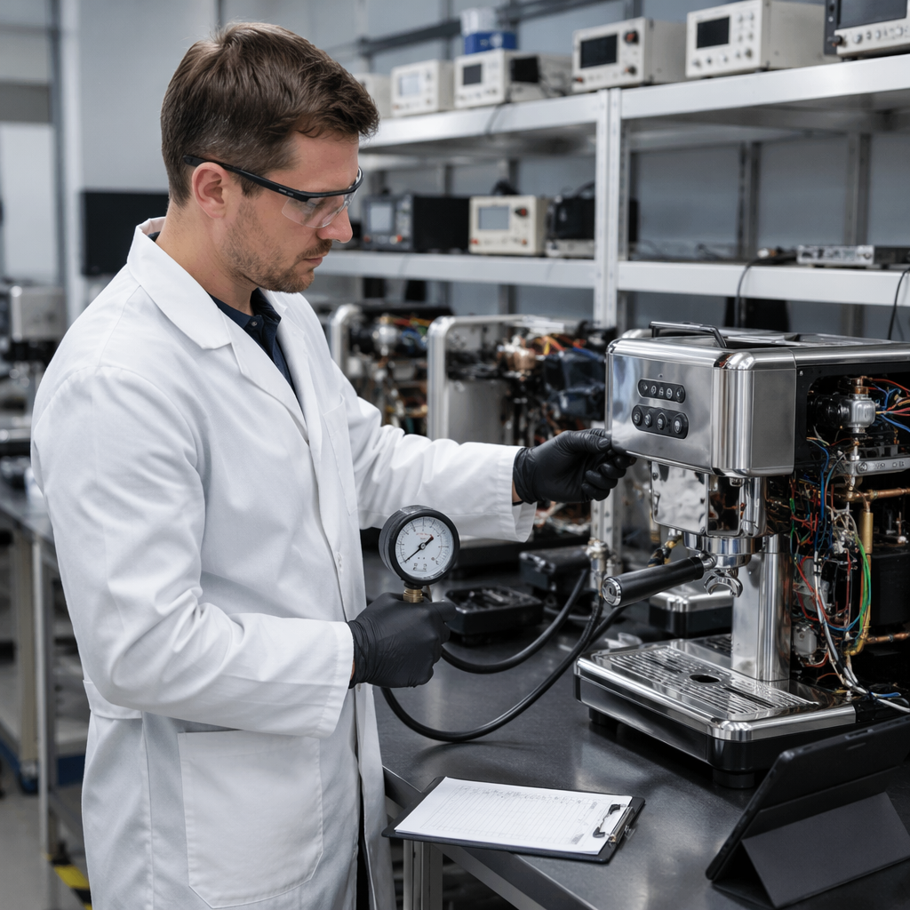 Quality control inspector testing an espresso machine at a checkpoint before shipment