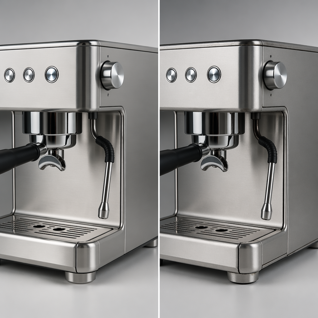Side-by-side comparison of an approved espresso machine sample and an inconsistent mass-production unit