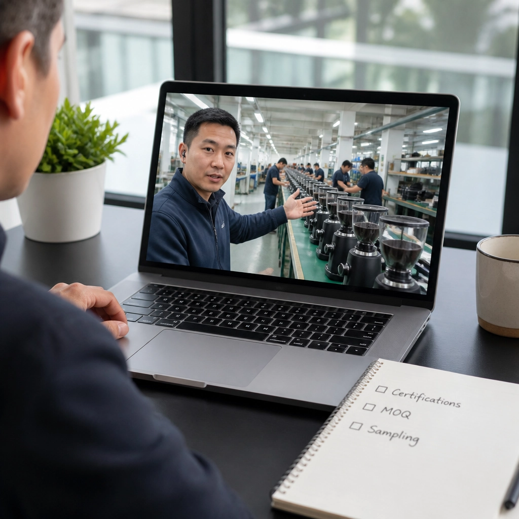 Overseas OEM buyer on a video call auditing a coffee grinder factory before placing an order