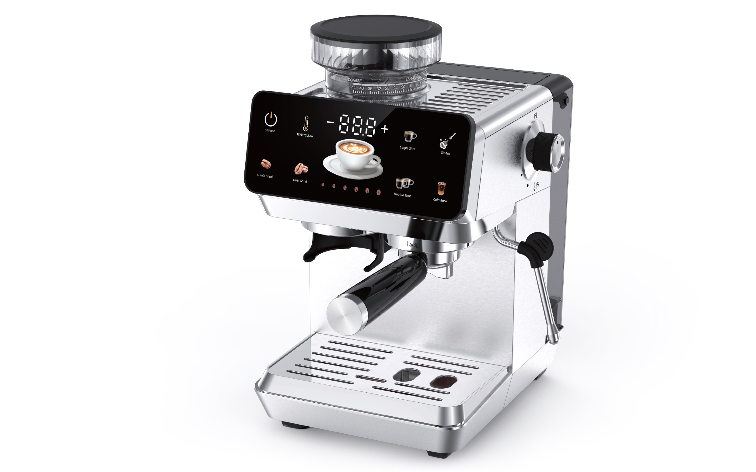 Hardshell with-grinder espresso machine — full stainless steel with built-in conical burr grinder
